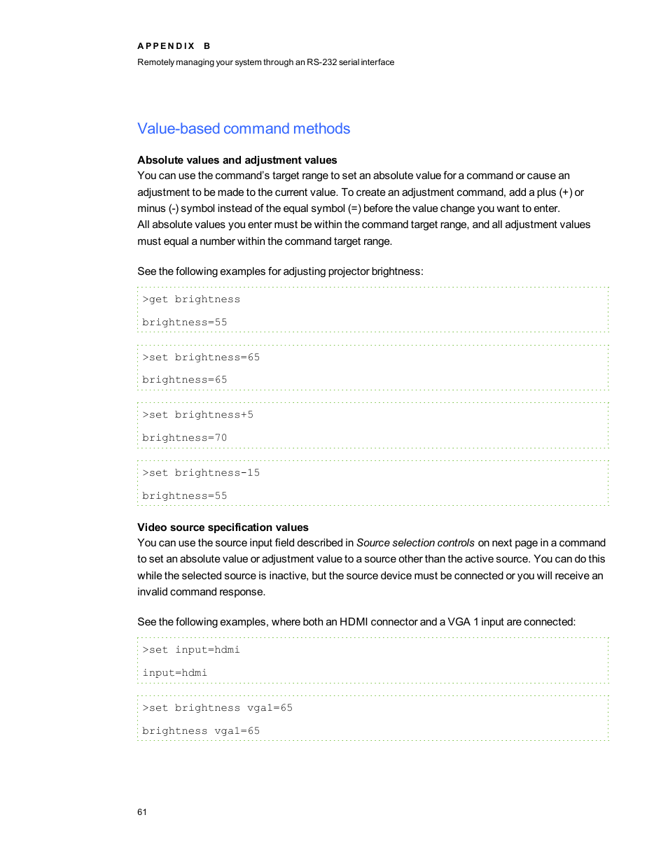Value-based command methods, Absolute values and adjustment values, Video source specification values | Smart Technologies 480i5 User Manual | Page 71 / 90