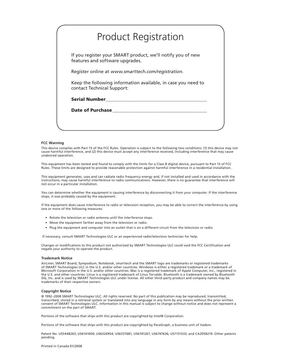 Product registration | Smart Technologies AIRLINER WIRELESS SLATE WS100 User Manual | Page 2 / 84