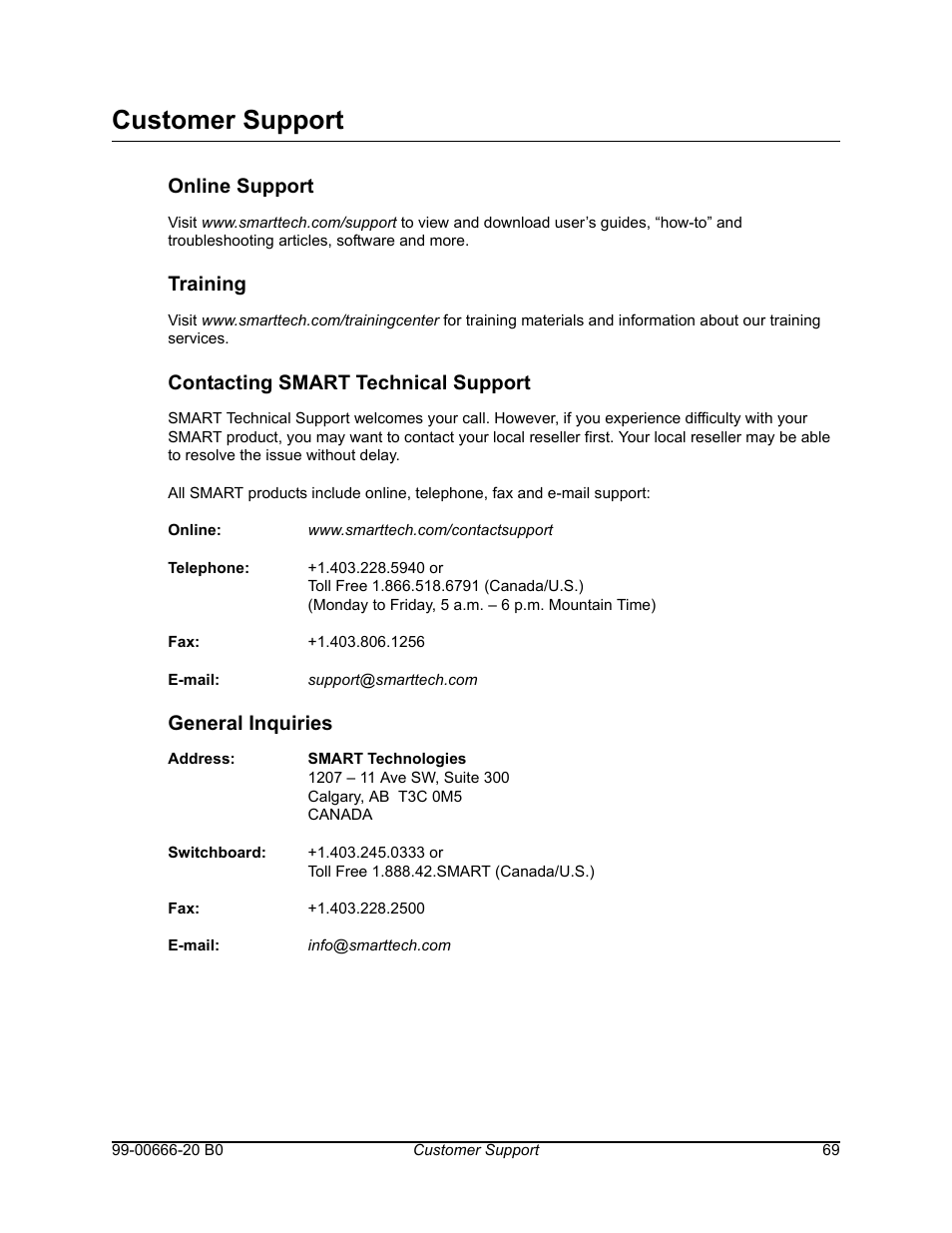 Customer support, Online support, Training | Contacting smart technical support, General inquiries | Smart Technologies AIRLINER WIRELESS SLATE WS100 User Manual | Page 77 / 84