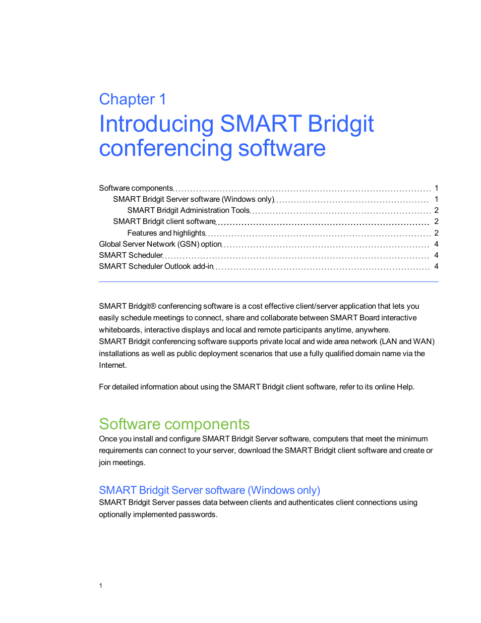 Introducing smart bridgit conferencing software, Software components, Smart bridgit server software (windows only) | Chapter 1 | Smart Technologies Smart Bridgit 4.5 User Manual | Page 5 / 82