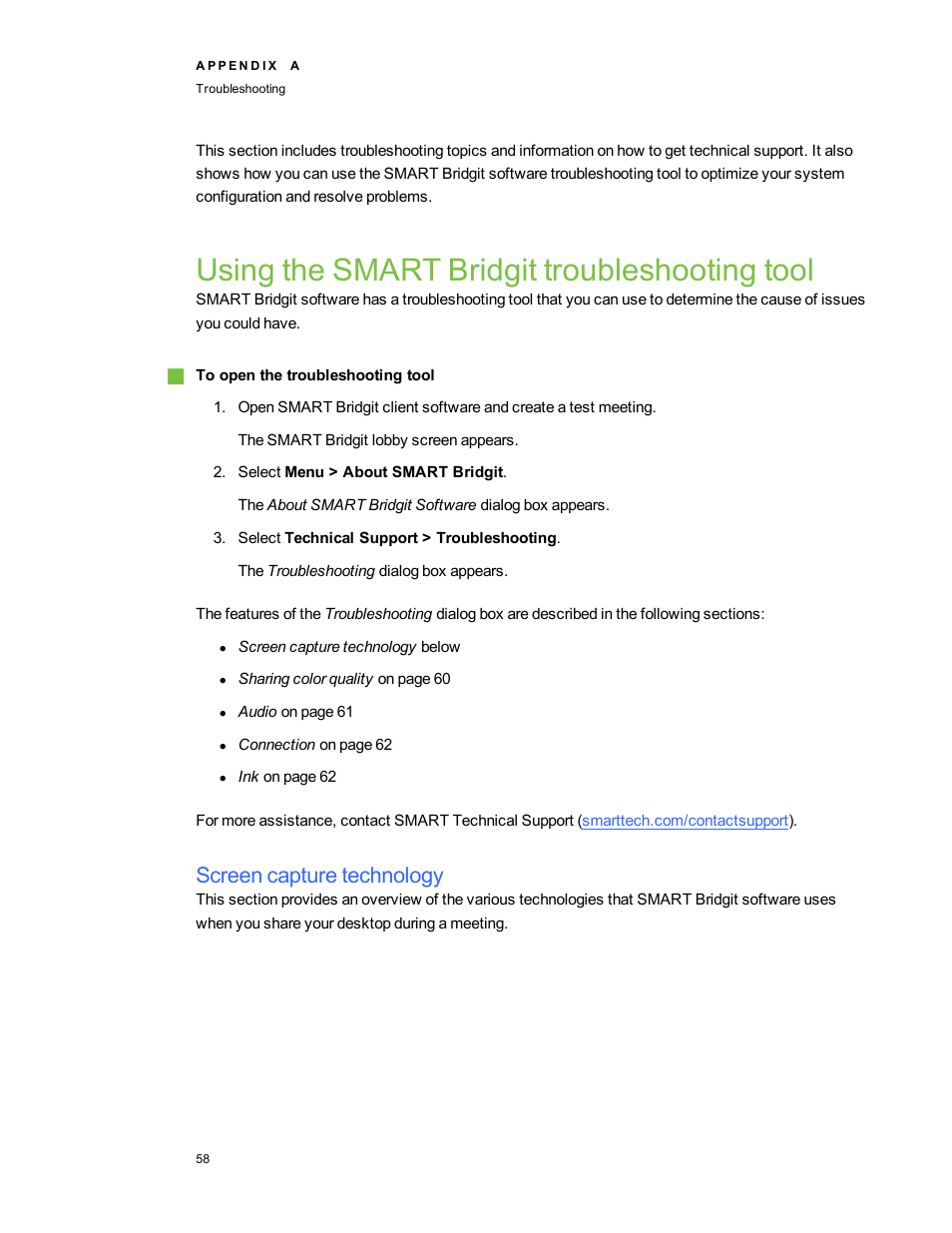 Using the smart bridgit troubleshooting tool, Screen capture technology | Smart Technologies Smart Bridgit 4.5 User Manual | Page 62 / 82