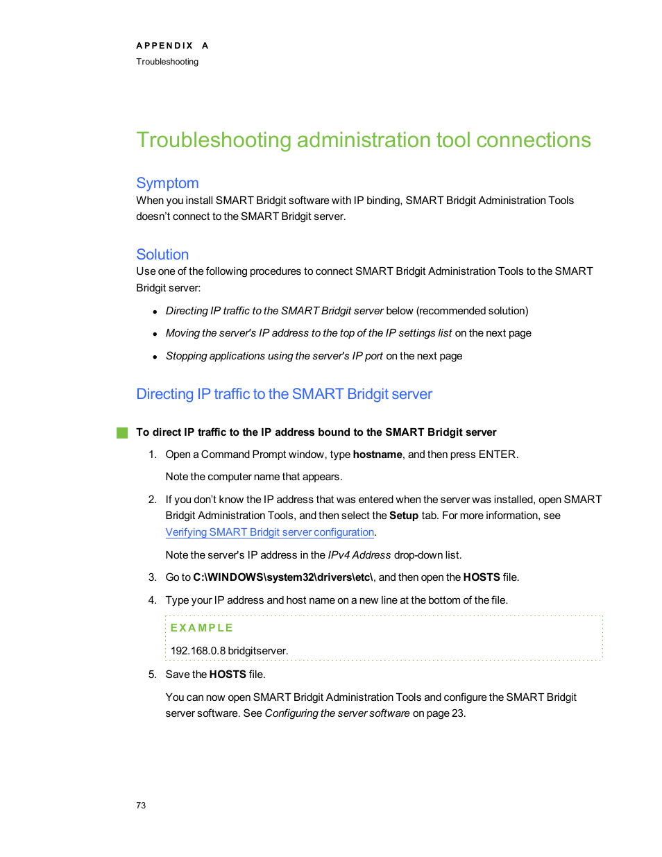 Troubleshooting administration tool connections, Symptom, Solution | Directing ip traffic to the smart bridgit server | Smart Technologies Smart Bridgit 4.5 User Manual | Page 77 / 82