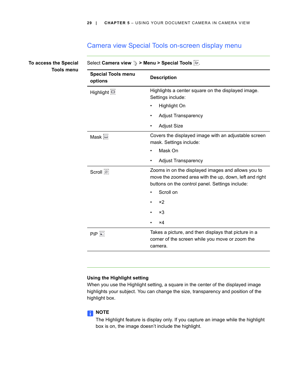 Camera view special tools on-screen display menu, Using the highlight setting | Smart Technologies Smart Document Camera 330 User Manual | Page 35 / 58