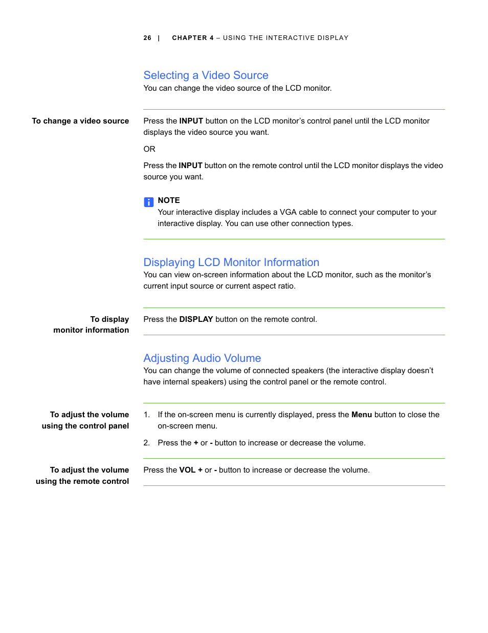 Selecting a video source, Displaying lcd monitor information, Adjusting audio volume | Smart Technologies SBID Interactive Display 6052i User Manual | Page 34 / 62
