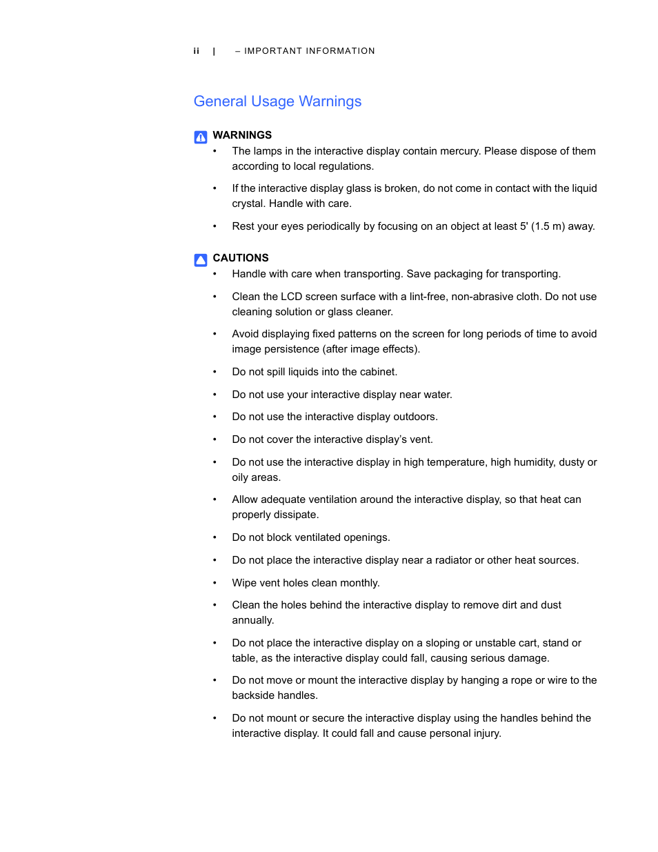 General usage warnings | Smart Technologies SBID Interactive Display 6052i User Manual | Page 4 / 62