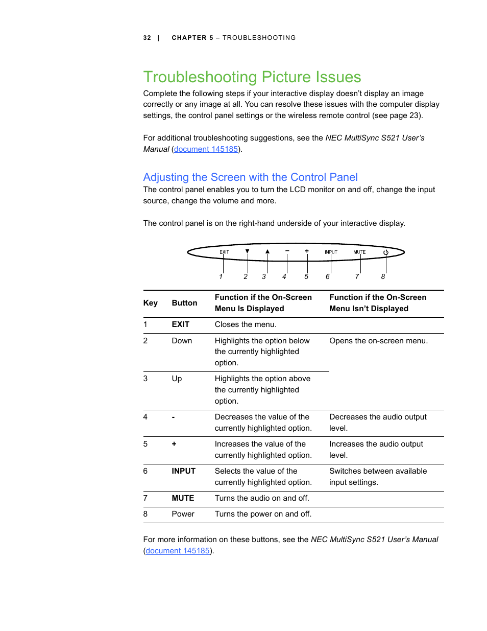 Troubleshooting picture issues, Adjusting the screen with the control panel | Smart Technologies SBID Interactive Display 6052i User Manual | Page 40 / 62