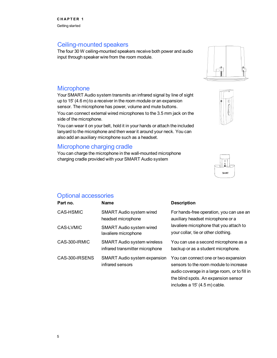 Ceiling-mounted speakers, Microphone, Microphone charging cradle | Optional accessories | Smart Technologies SMART Audio 340 User Manual | Page 11 / 58