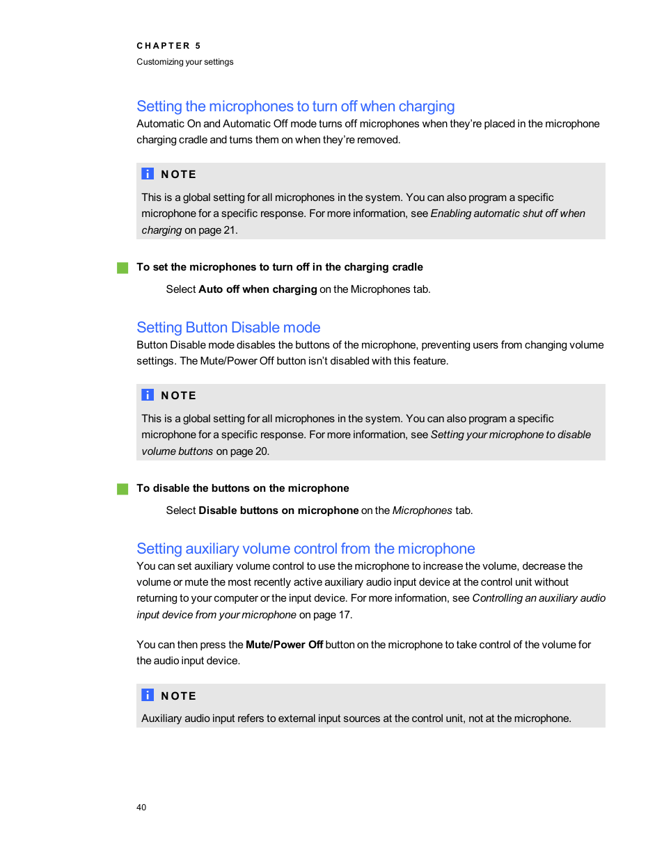 Setting the microphones to turn off when charging, Setting button disable mode | Smart Technologies SMART Audio 340 User Manual | Page 46 / 58