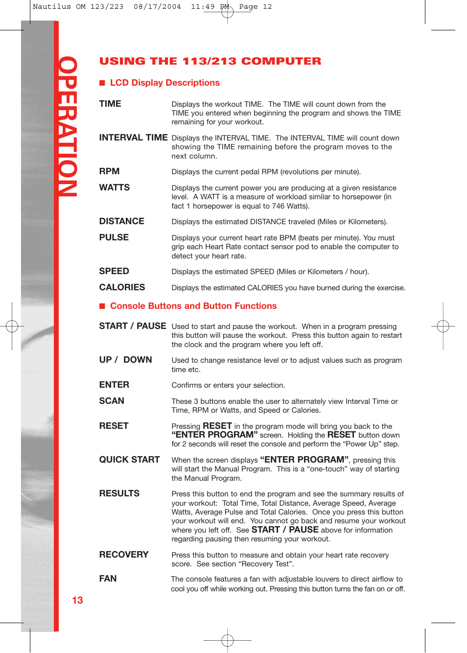 Opera tion | Schwinn 223 User Manual | Page 12 / 40