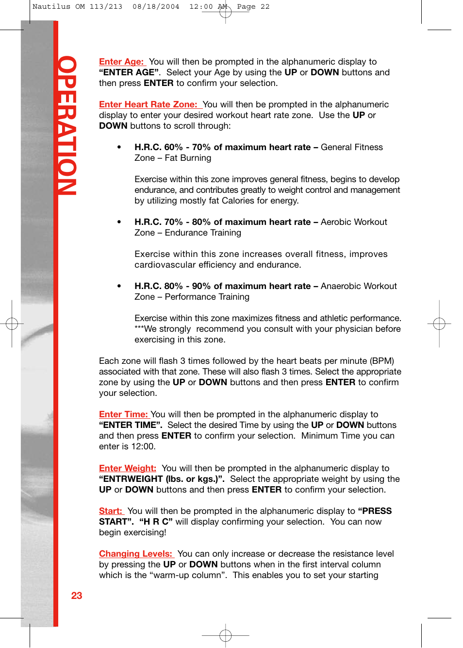 Opera tion | Schwinn 213 User Manual | Page 22 / 40