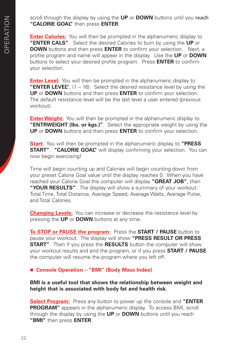 Op era t ion | Schwinn 230 User Manual | Page 22 / 40
