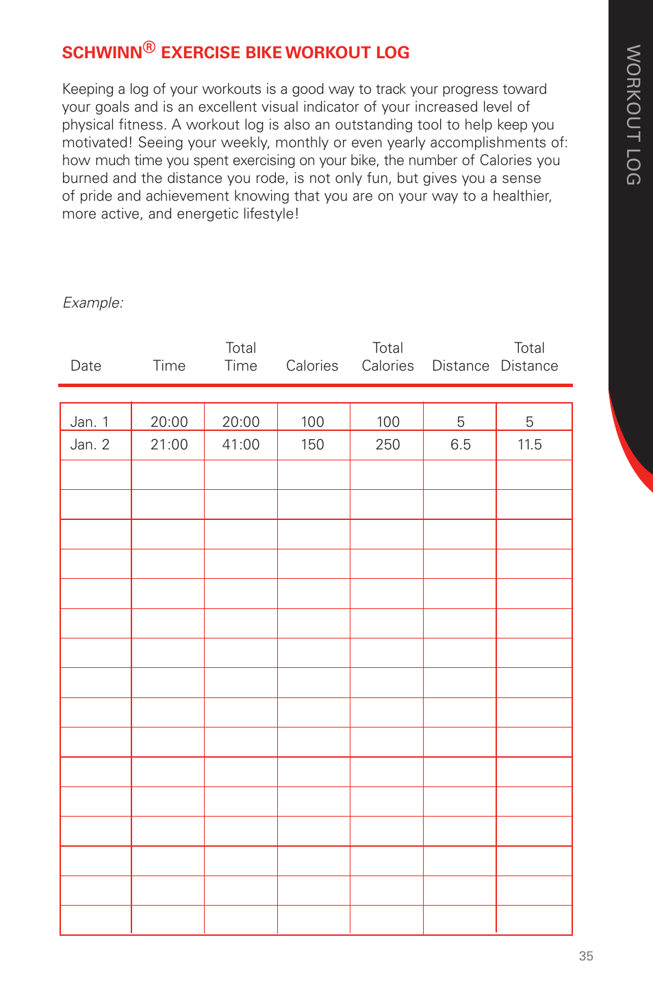Work ou t lo g | Schwinn 230 User Manual | Page 35 / 40