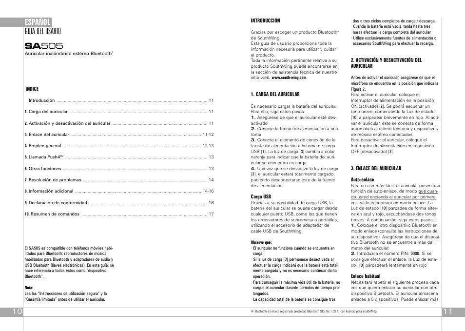 Guía del usario sa 505, Español | Southwing SA505 User Manual | Page 6 / 30