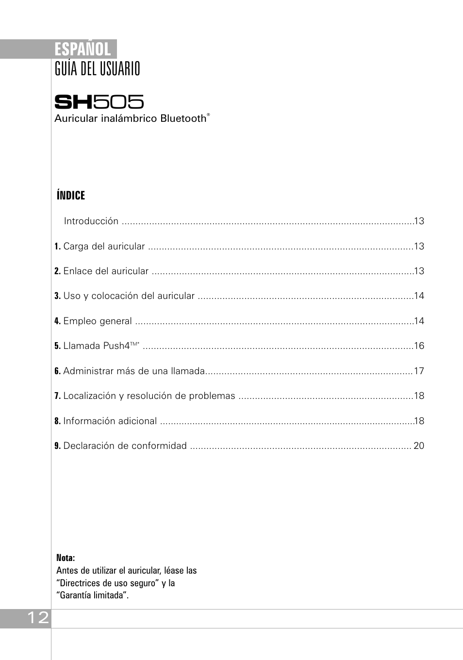 Sh 505, Guía del usuario, Español | Southwing SH505 User Manual | Page 12 / 74