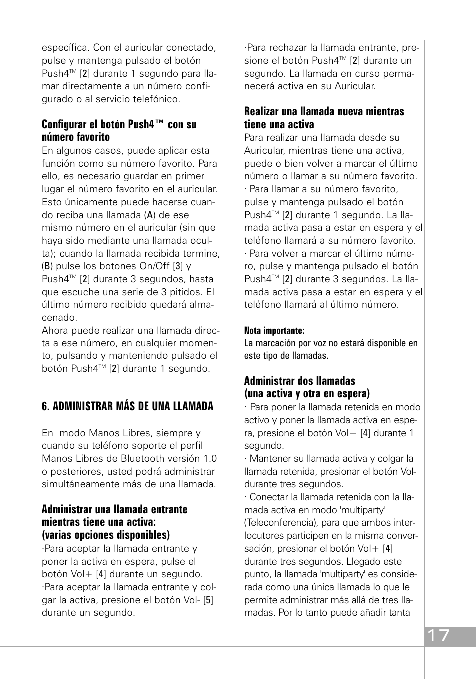 Configurar el botón push4™ con su número favorito, Administrar más de una llamada | Southwing SH505 User Manual | Page 17 / 74