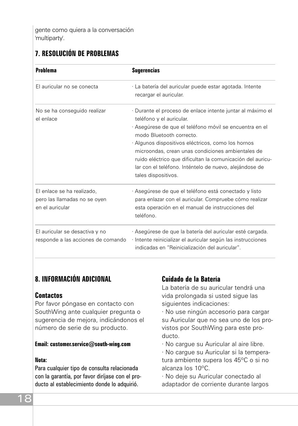 Cuidado de la batería | Southwing SH505 User Manual | Page 18 / 74