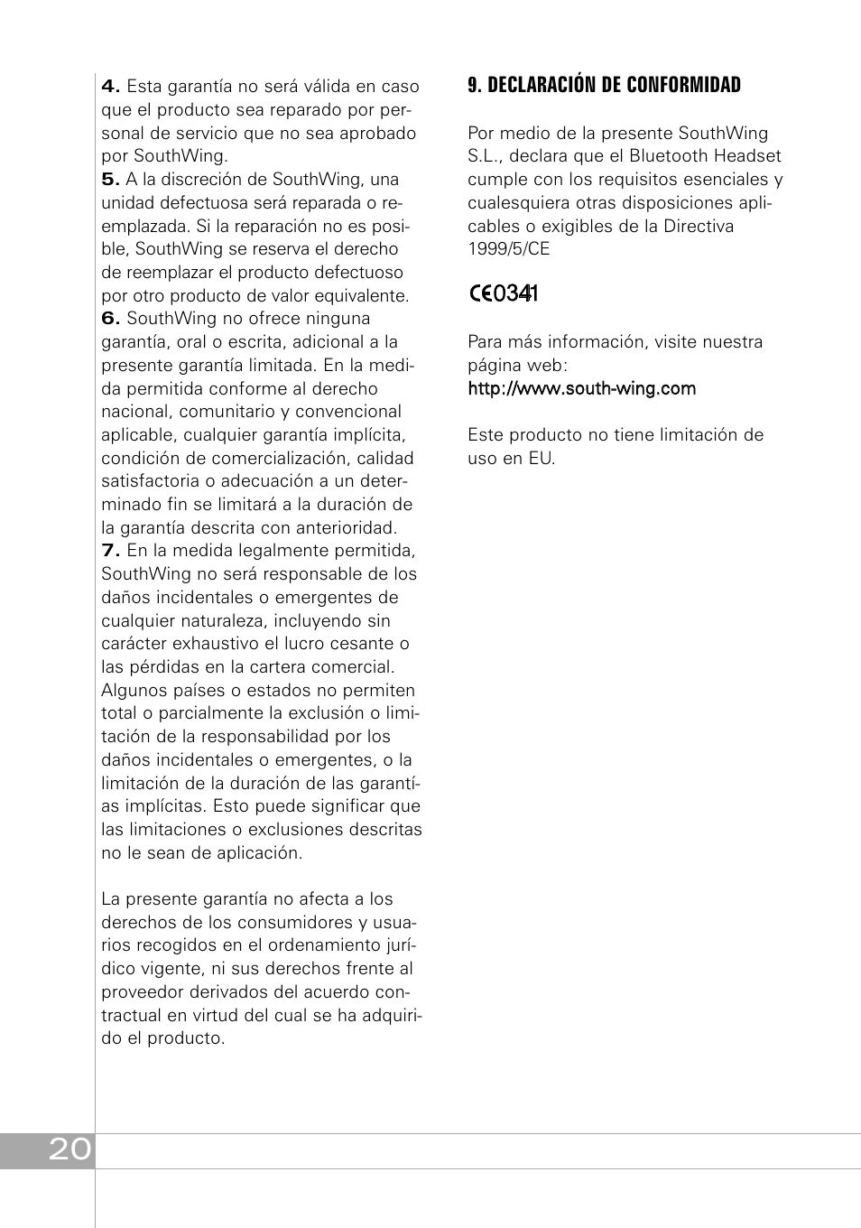 Declaración de conformidad | Southwing SH505 User Manual | Page 20 / 74
