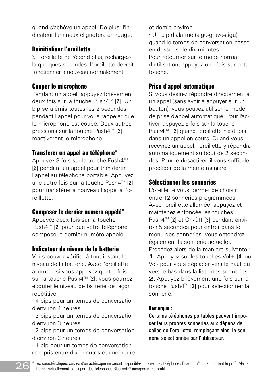 Réinitialiser l’oreillette, Couper le microphone, Transférer un appel au téléphone | Composer le dernier numéro appelé, Indicateur de niveau de la batterie, Prise d’appel automatique, Sélectionner les sonneries | Southwing SH505 User Manual | Page 26 / 74