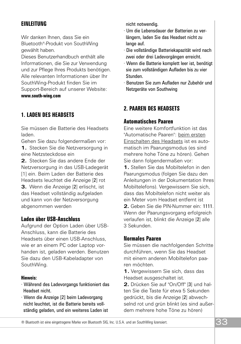 Einleitung, Laden des headsets, Laden über usb-anschluss | Paaren des headsets automatisches paaren, Normales paaren | Southwing SH505 User Manual | Page 33 / 74