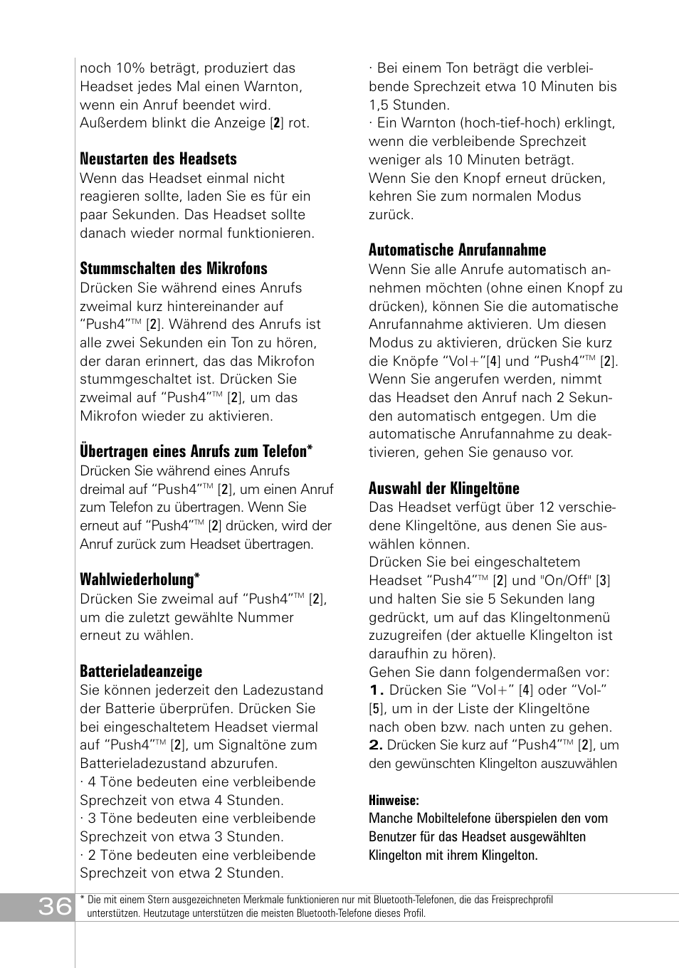 Neustarten des headsets, Stummschalten des mikrofons, Übertragen eines anrufs zum telefon | Wahlwiederholung, Batterieladeanzeige, Automatische anrufannahme, Auswahl der klingeltöne | Southwing SH505 User Manual | Page 36 / 74