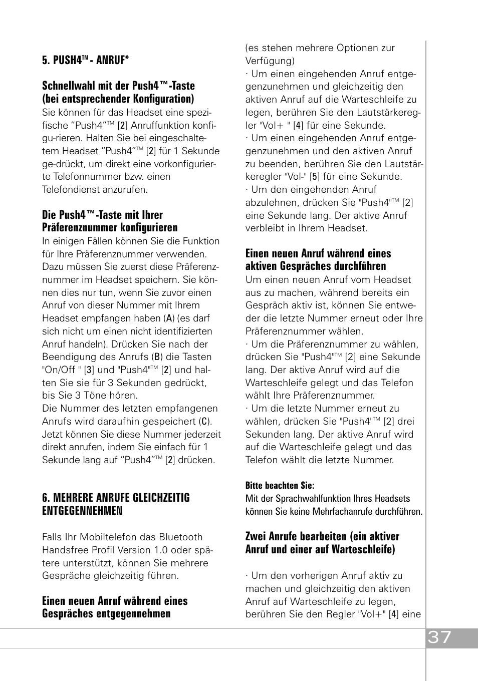 Push4, Mehrere anrufe gleichzeitig entgegennehmen | Southwing SH505 User Manual | Page 37 / 74