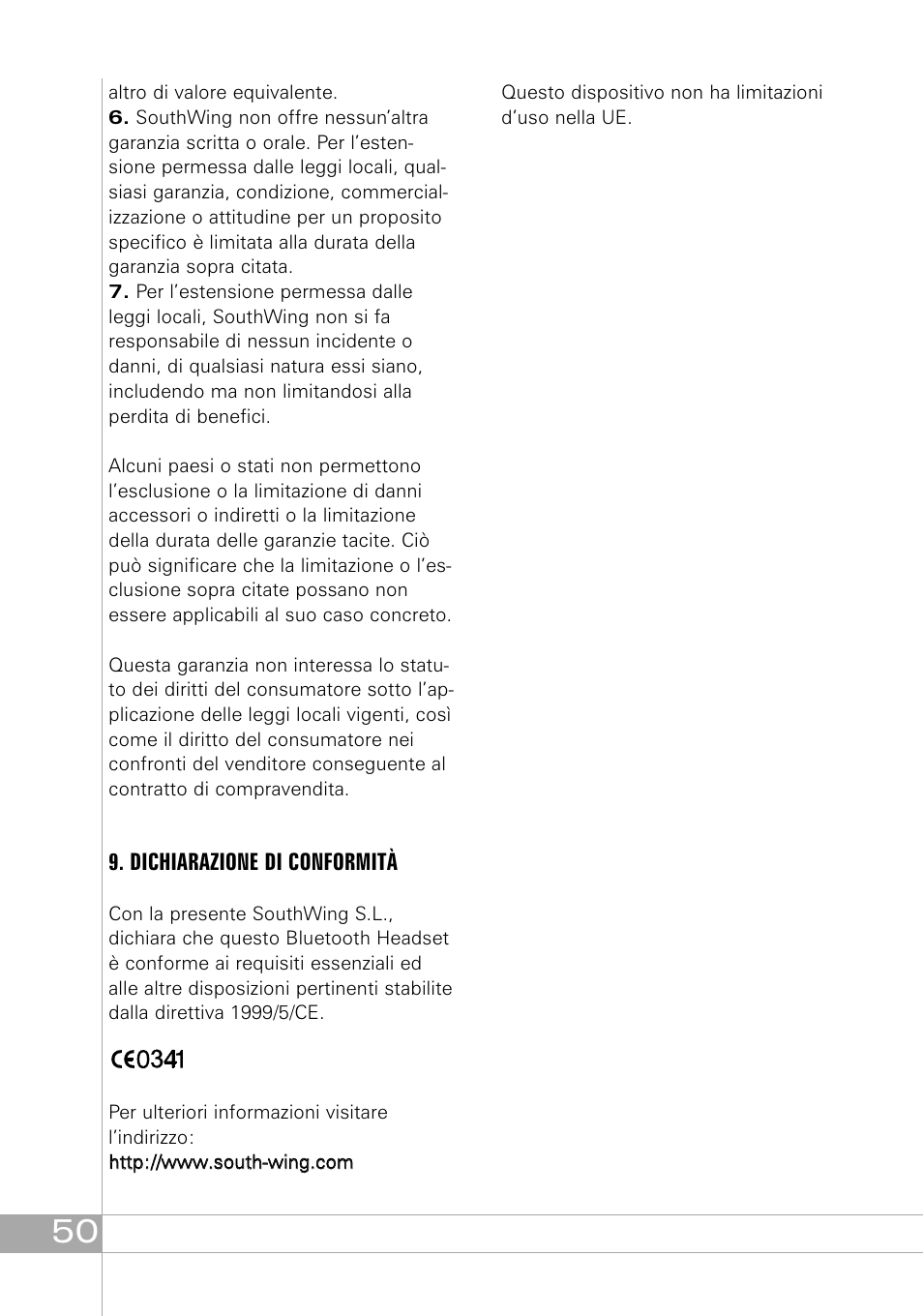 Dichiarazione di conformità | Southwing SH505 User Manual | Page 50 / 74