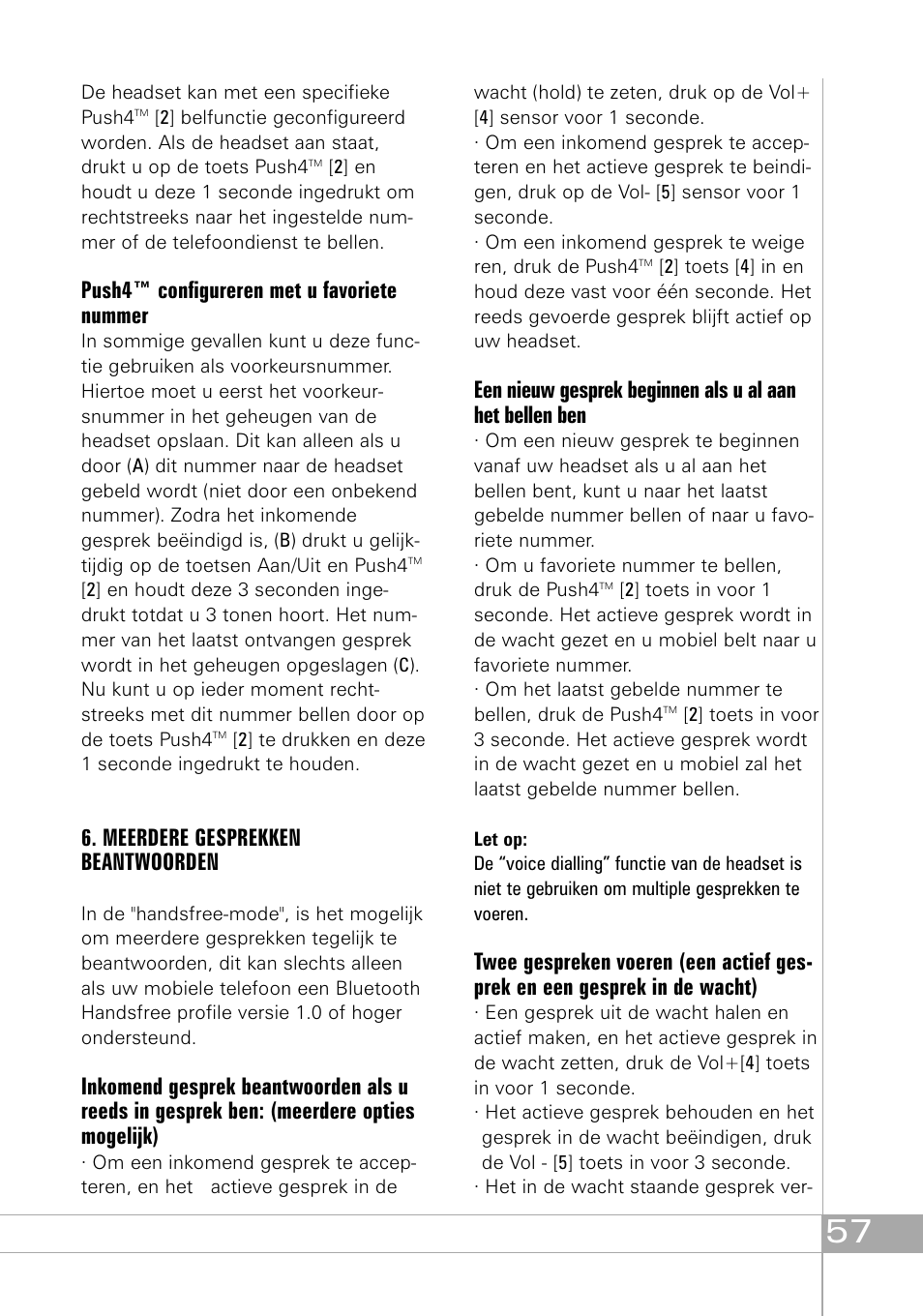 Push4™ configureren met u favoriete nummer, Meerdere gesprekken beantwoorden | Southwing SH505 User Manual | Page 57 / 74