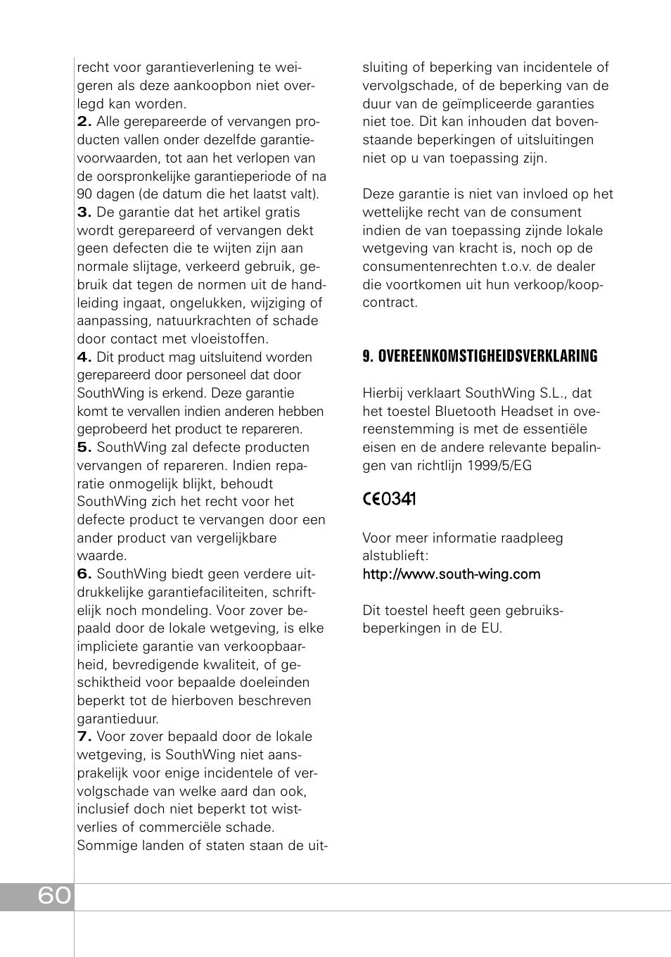 Overeenkomstigheidsverklaring | Southwing SH505 User Manual | Page 60 / 74
