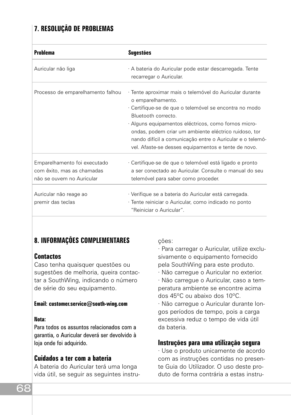 Cuidados a ter com a bateria, Instruções para uma utilização segura | Southwing SH505 User Manual | Page 68 / 74