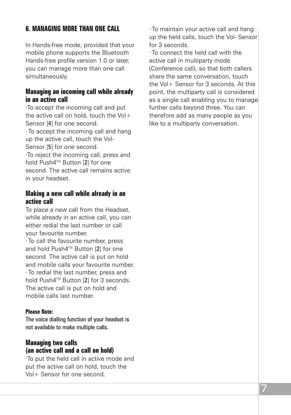 Managing more than one call, Making a new call while already in an active call | Southwing SH505 User Manual | Page 7 / 74
