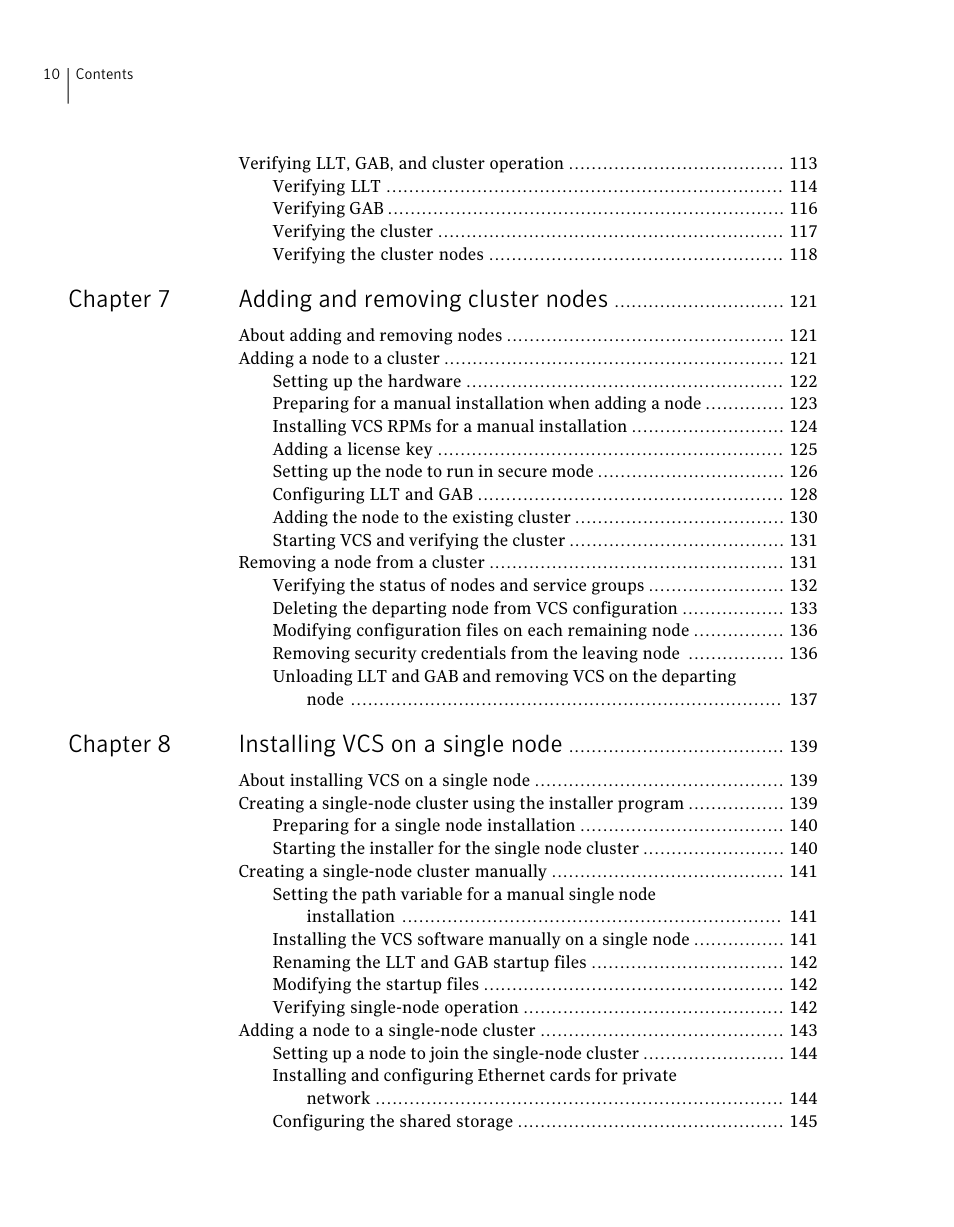 Chapter 7 adding and removing cluster nodes, Chapter 8 installing vcs on a single node | Symantec Veritas 5 User Manual | Page 10 / 176