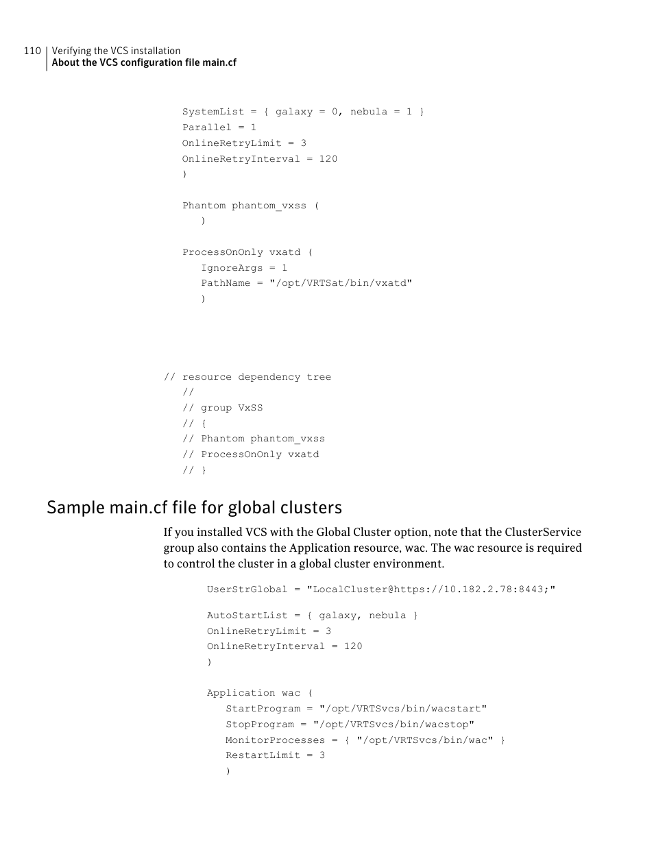 Sample main.cf file for global clusters | Symantec Veritas 5 User Manual | Page 110 / 176