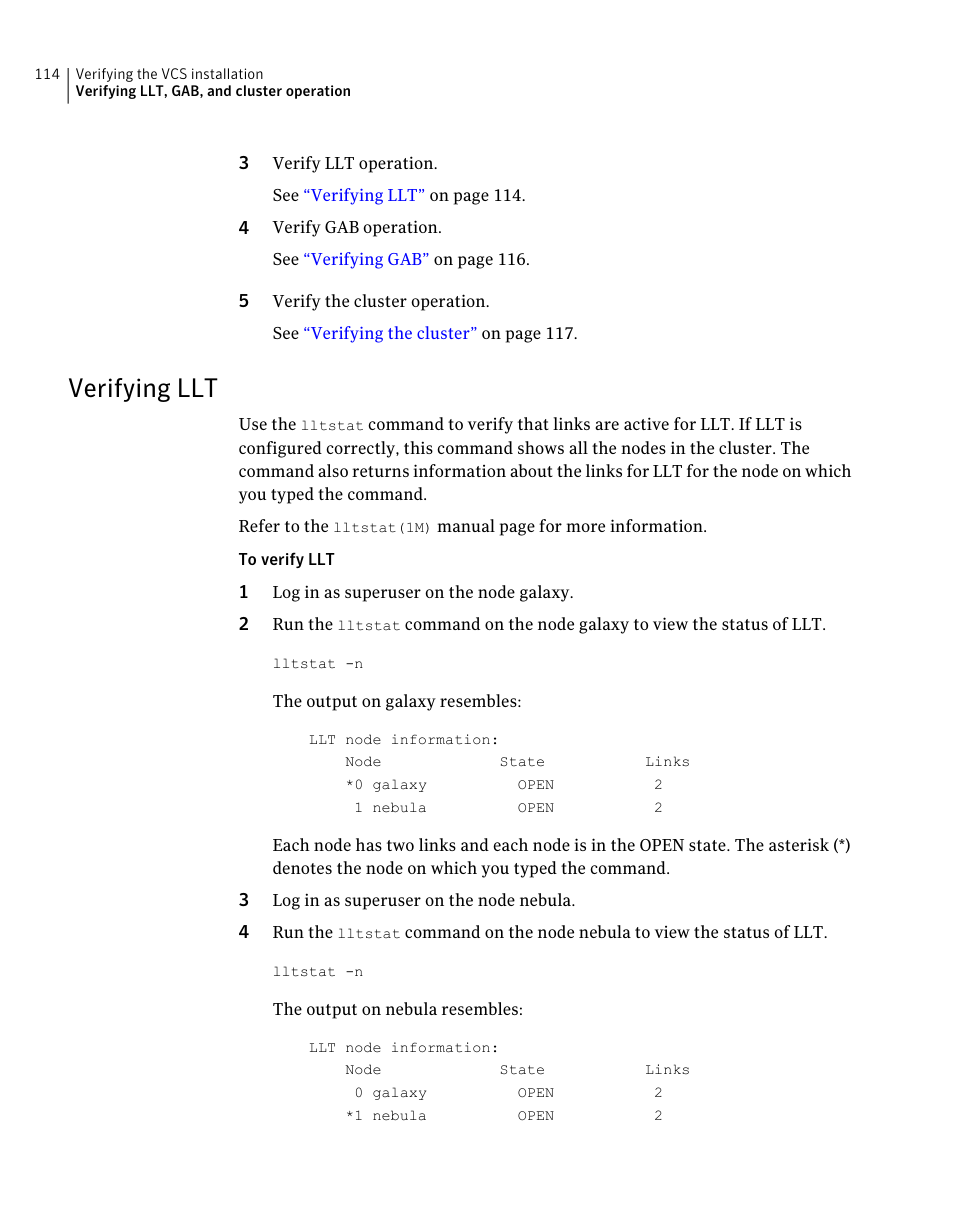 Verifying llt | Symantec Veritas 5 User Manual | Page 114 / 176