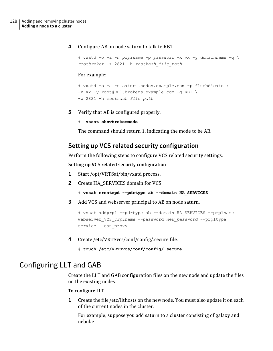 Configuring llt and gab, Setting up vcs related security configuration | Symantec Veritas 5 User Manual | Page 128 / 176