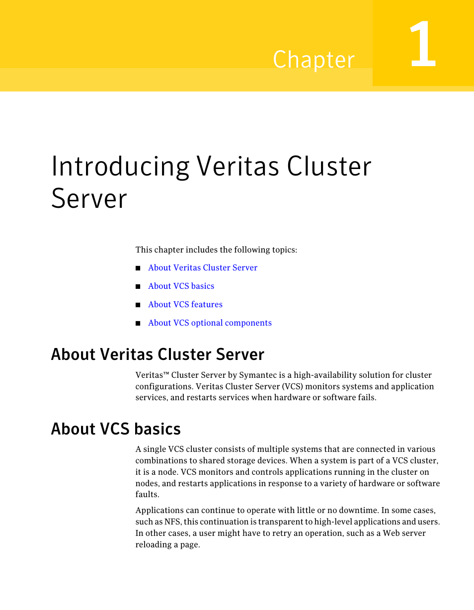 Introducing veritas cluster server, About veritas cluster server, About vcs basics | Chapter 1, 13 about vcs basics, Chapter | Symantec Veritas 5 User Manual | Page 13 / 176