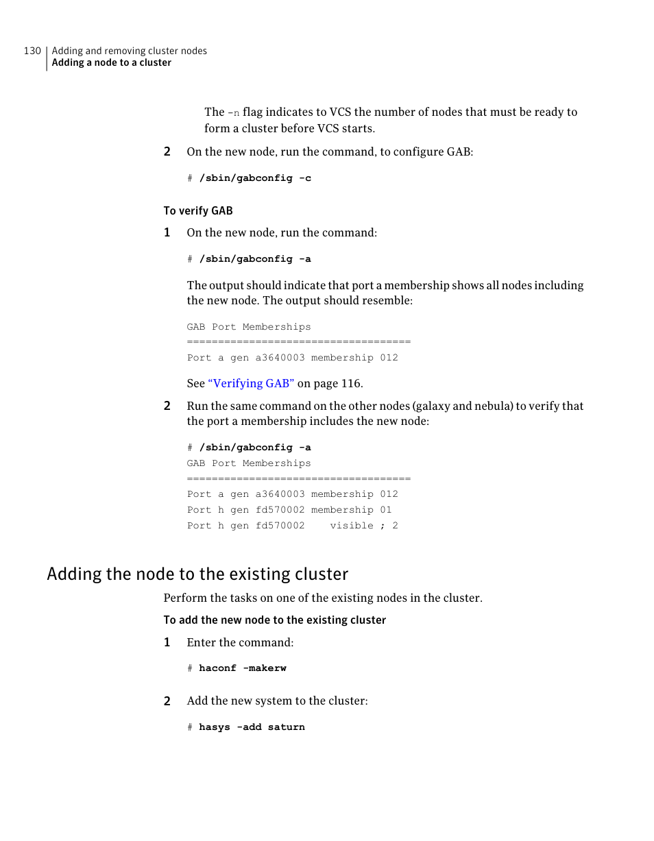 Adding the node to the existing cluster | Symantec Veritas 5 User Manual | Page 130 / 176