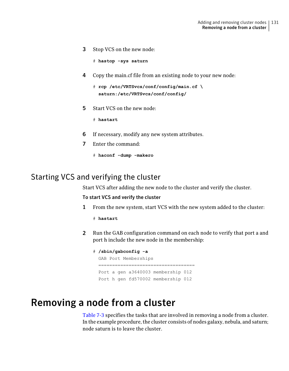 Starting vcs and verifying the cluster, Removing a node from a cluster | Symantec Veritas 5 User Manual | Page 131 / 176