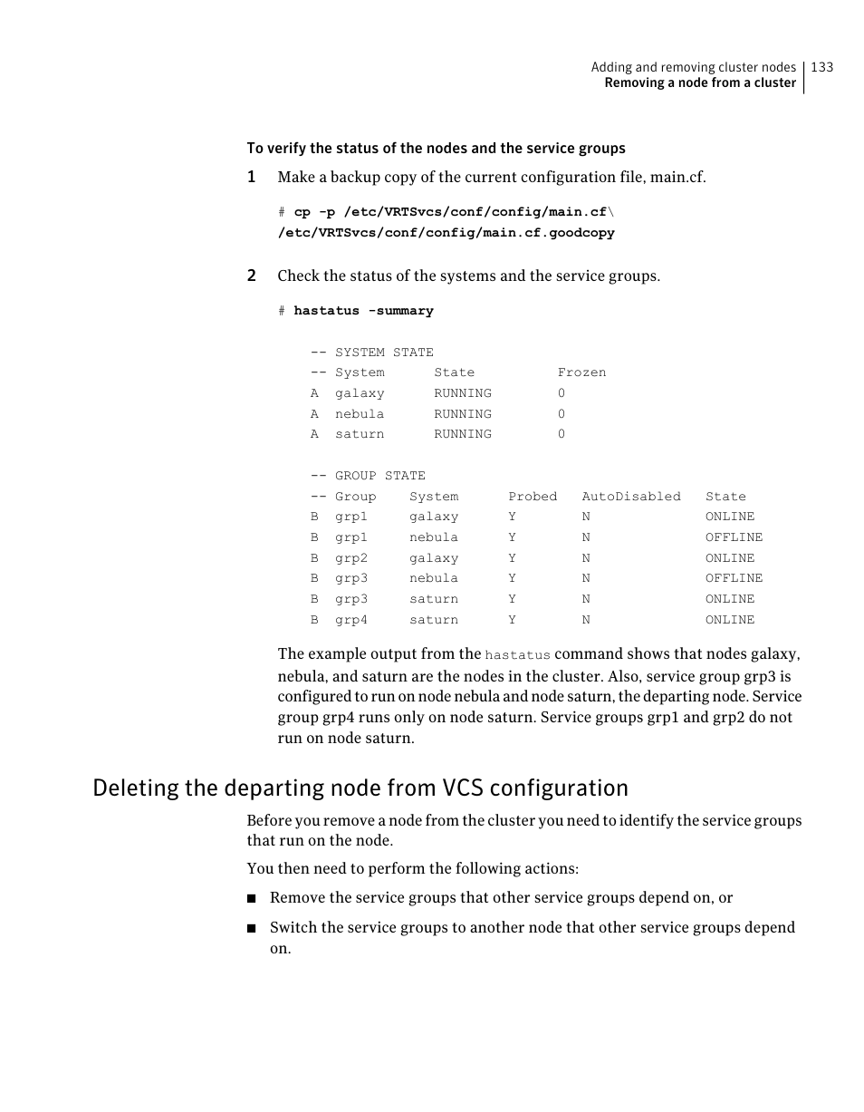 Deleting the departing node from vcs configuration, Deleting the departing node from, Vcs configuration | Symantec Veritas 5 User Manual | Page 133 / 176