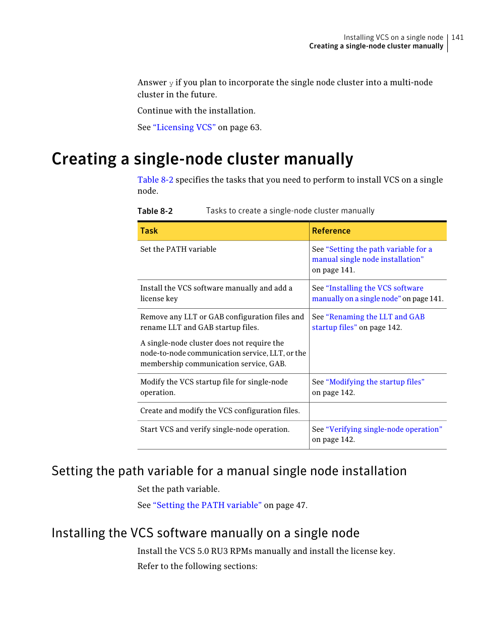 Creating a single-node cluster manually, Setting the path variable for a manual single node, Installation | Symantec Veritas 5 User Manual | Page 141 / 176