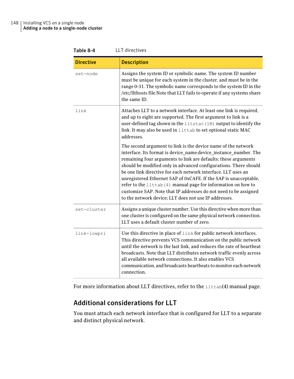 Additional considerations for llt | Symantec Veritas 5 User Manual | Page 148 / 176