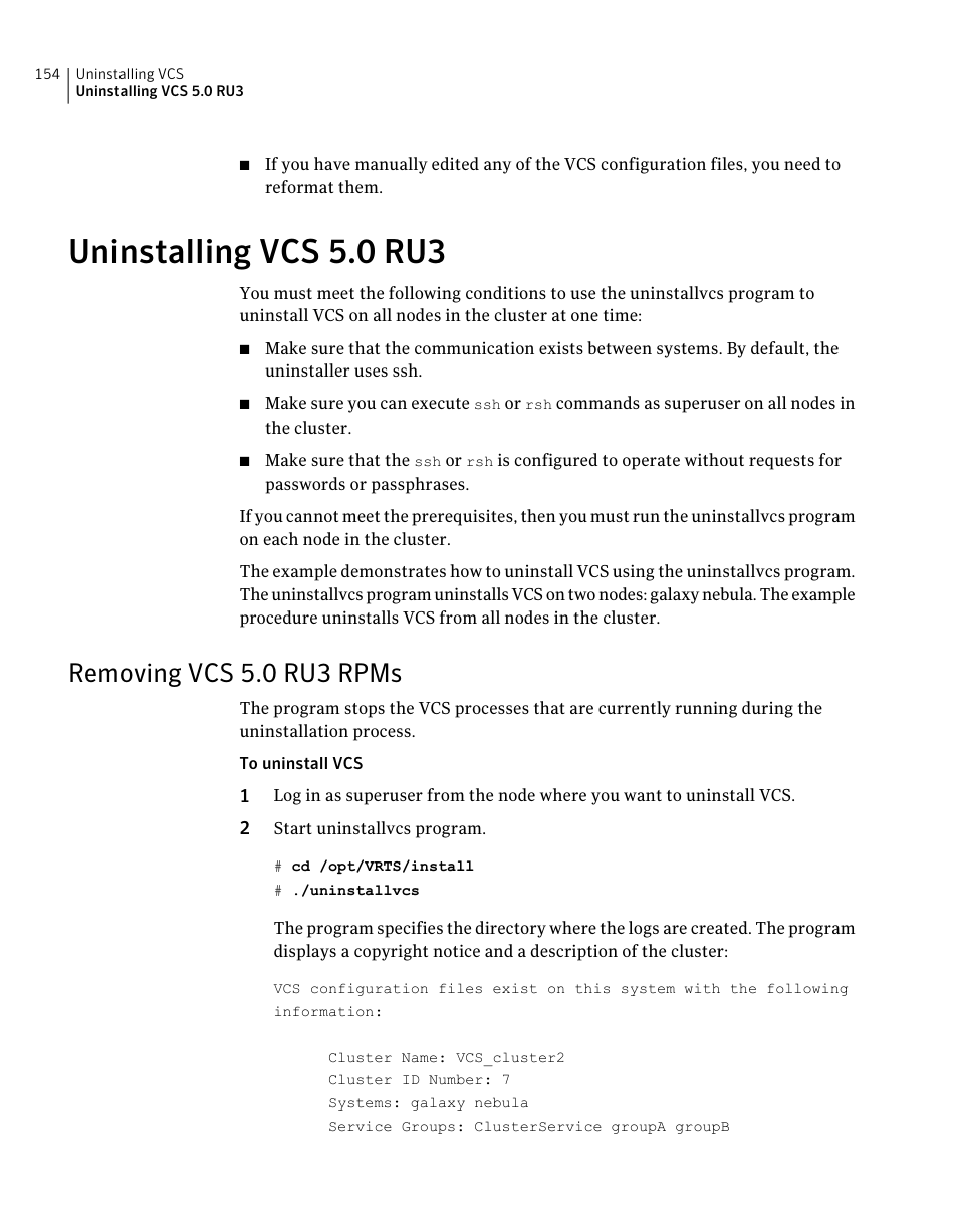 Uninstalling vcs 5.0 ru3, Removing vcs 5.0 ru3 rpms | Symantec Veritas 5 User Manual | Page 154 / 176