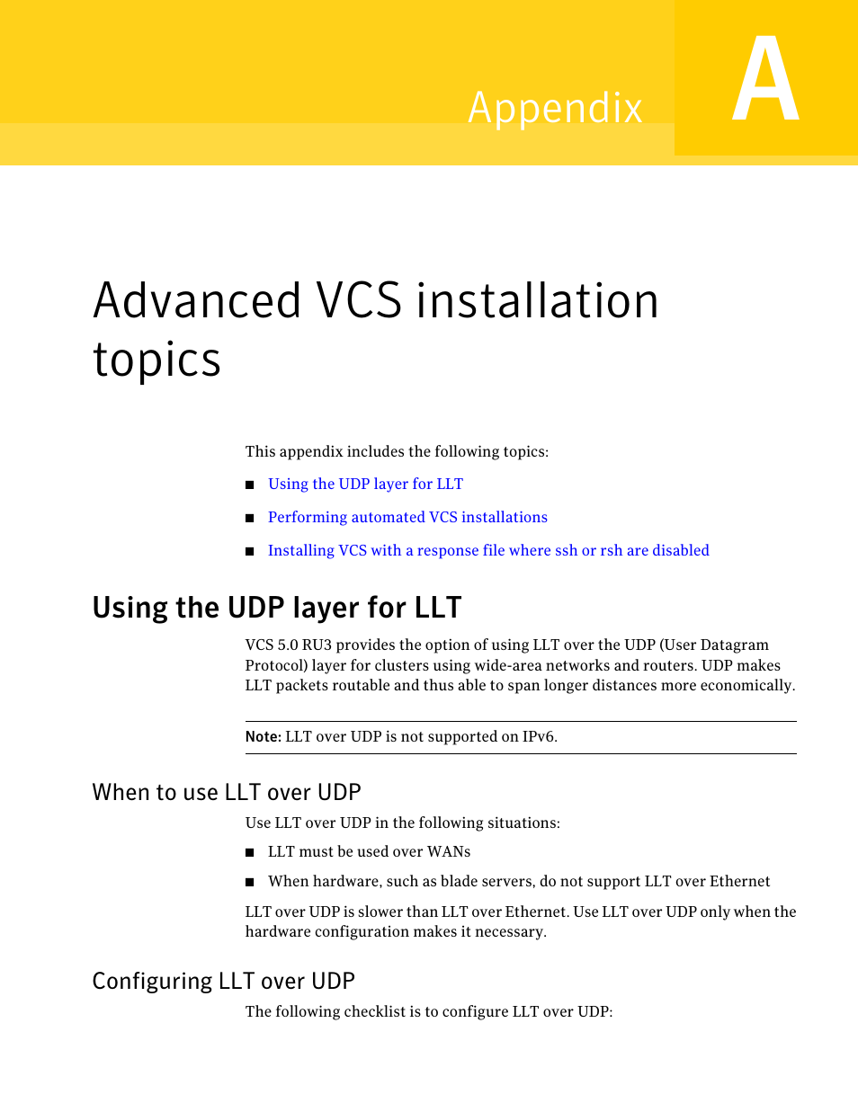 A. advanced vcs installation topics, Using the udp layer for llt, When to use llt over udp | Configuring llt over udp, Appendix a, Advanced vcs installation topics, 157 configuring llt over udp, Appendix | Symantec Veritas 5 User Manual | Page 157 / 176