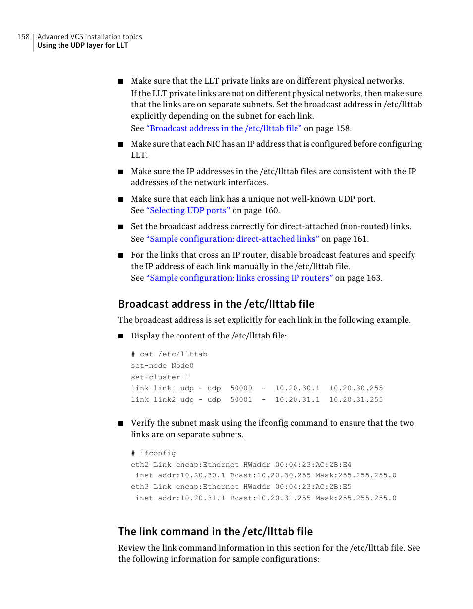 Broadcast address in the /etc/llttab file, The link command in the /etc/llttab file | Symantec Veritas 5 User Manual | Page 158 / 176