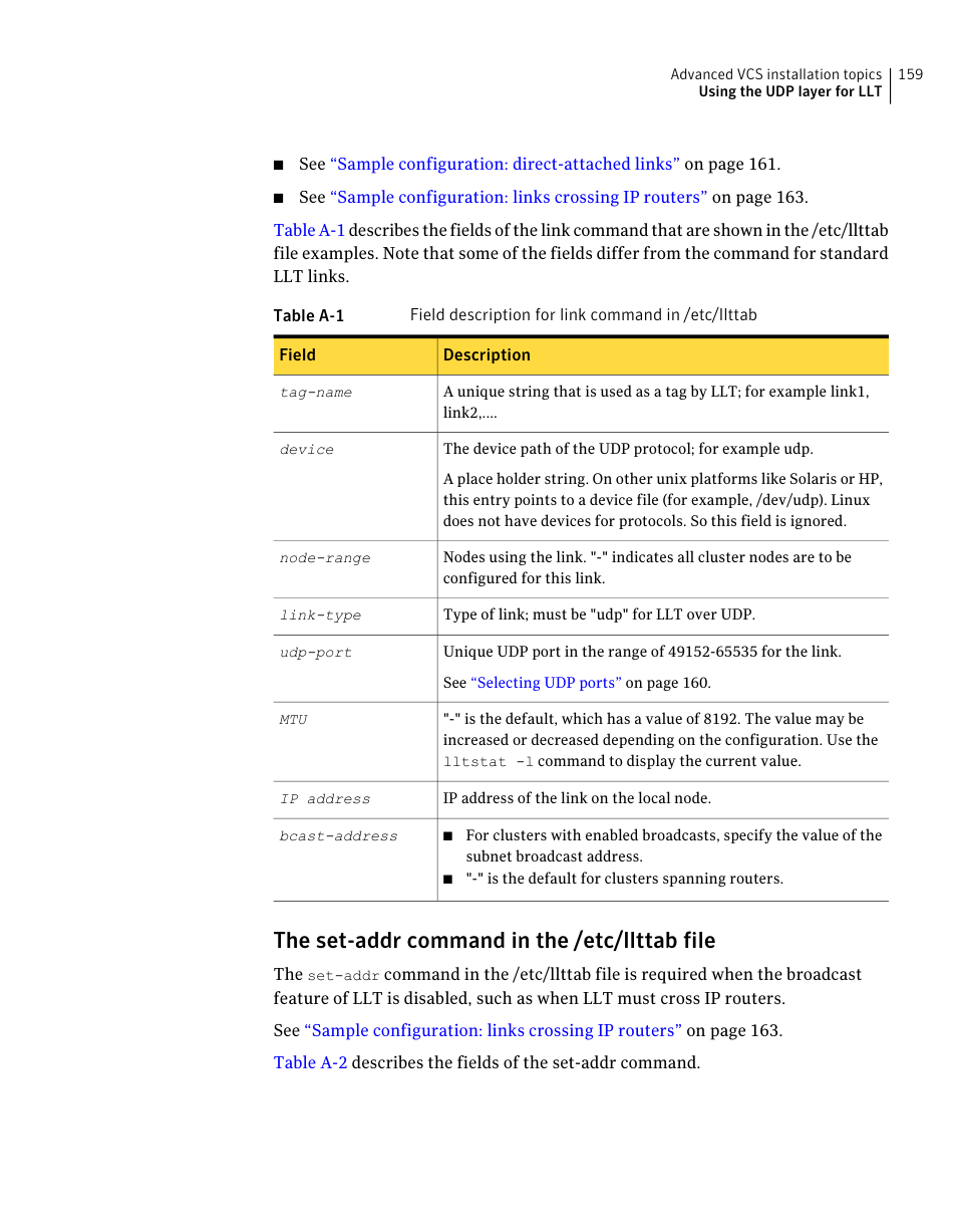 The set-addr command in the /etc/llttab file | Symantec Veritas 5 User Manual | Page 159 / 176