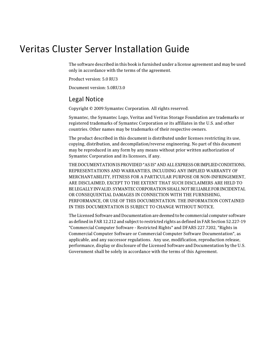 Veritas cluster server installation guide, Legal notice | Symantec Veritas 5 User Manual | Page 2 / 176