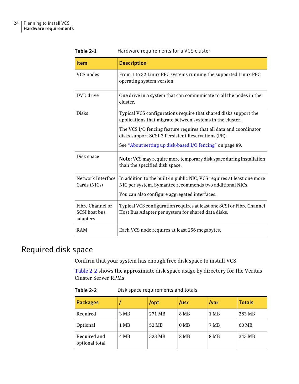 Required disk space, Table 2-1 | Symantec Veritas 5 User Manual | Page 24 / 176