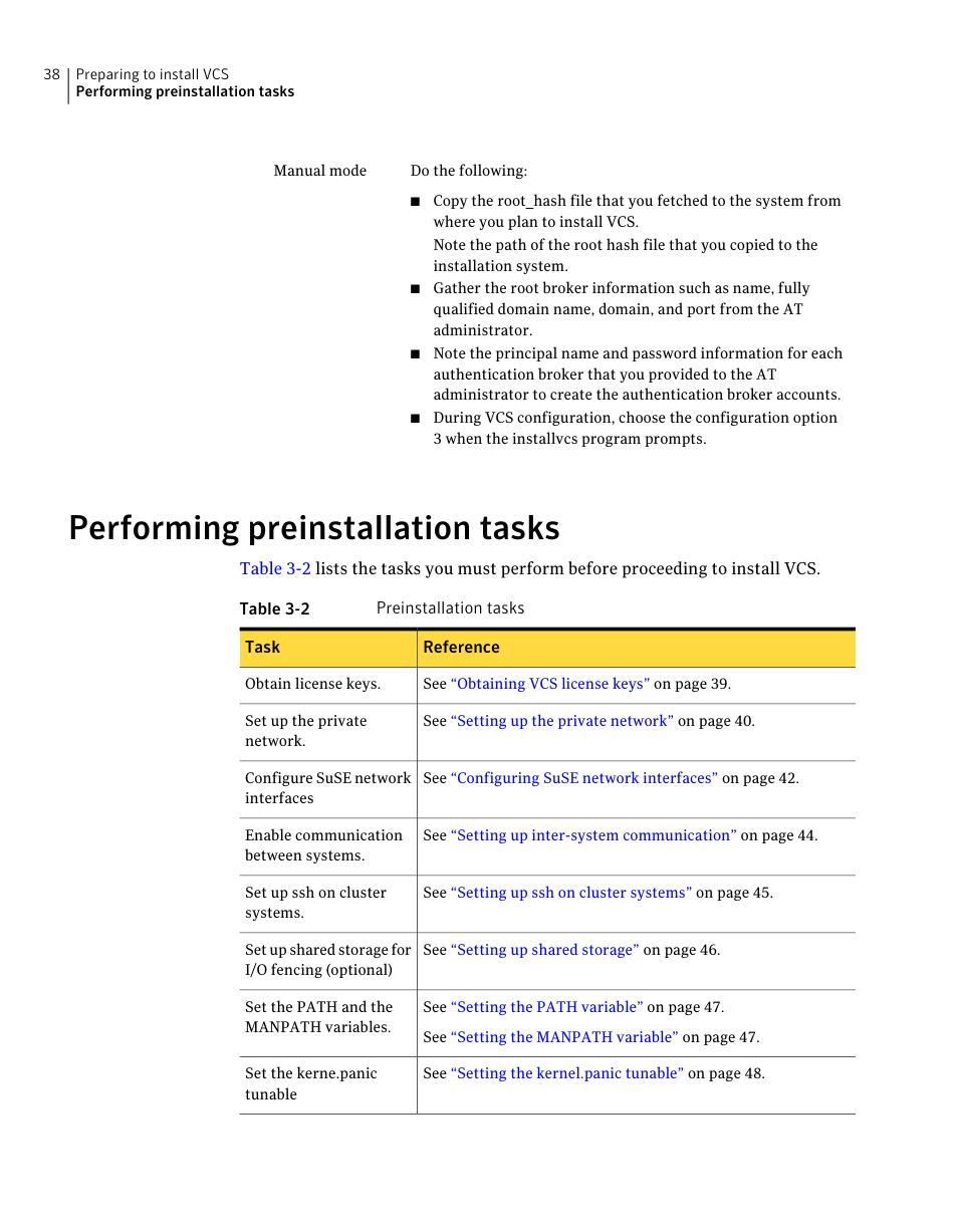 Performing preinstallation tasks | Symantec Veritas 5 User Manual | Page 38 / 176