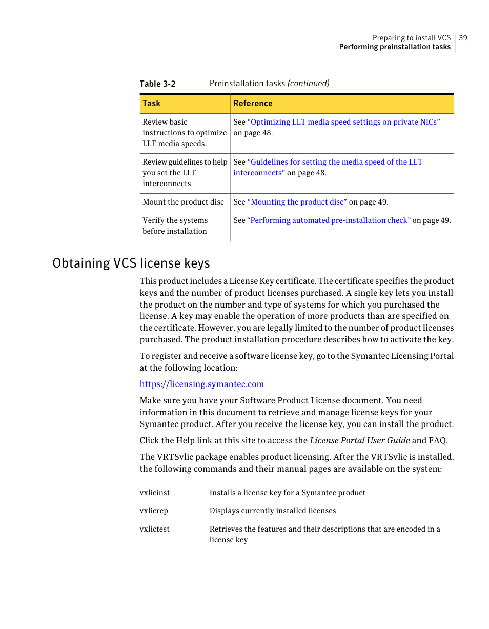 Obtaining vcs license keys | Symantec Veritas 5 User Manual | Page 39 / 176