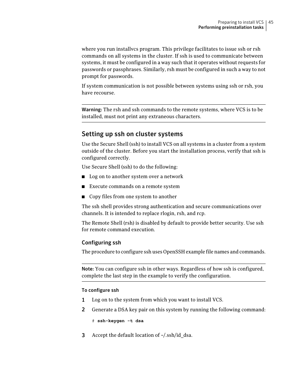 Setting up ssh on cluster systems | Symantec Veritas 5 User Manual | Page 45 / 176