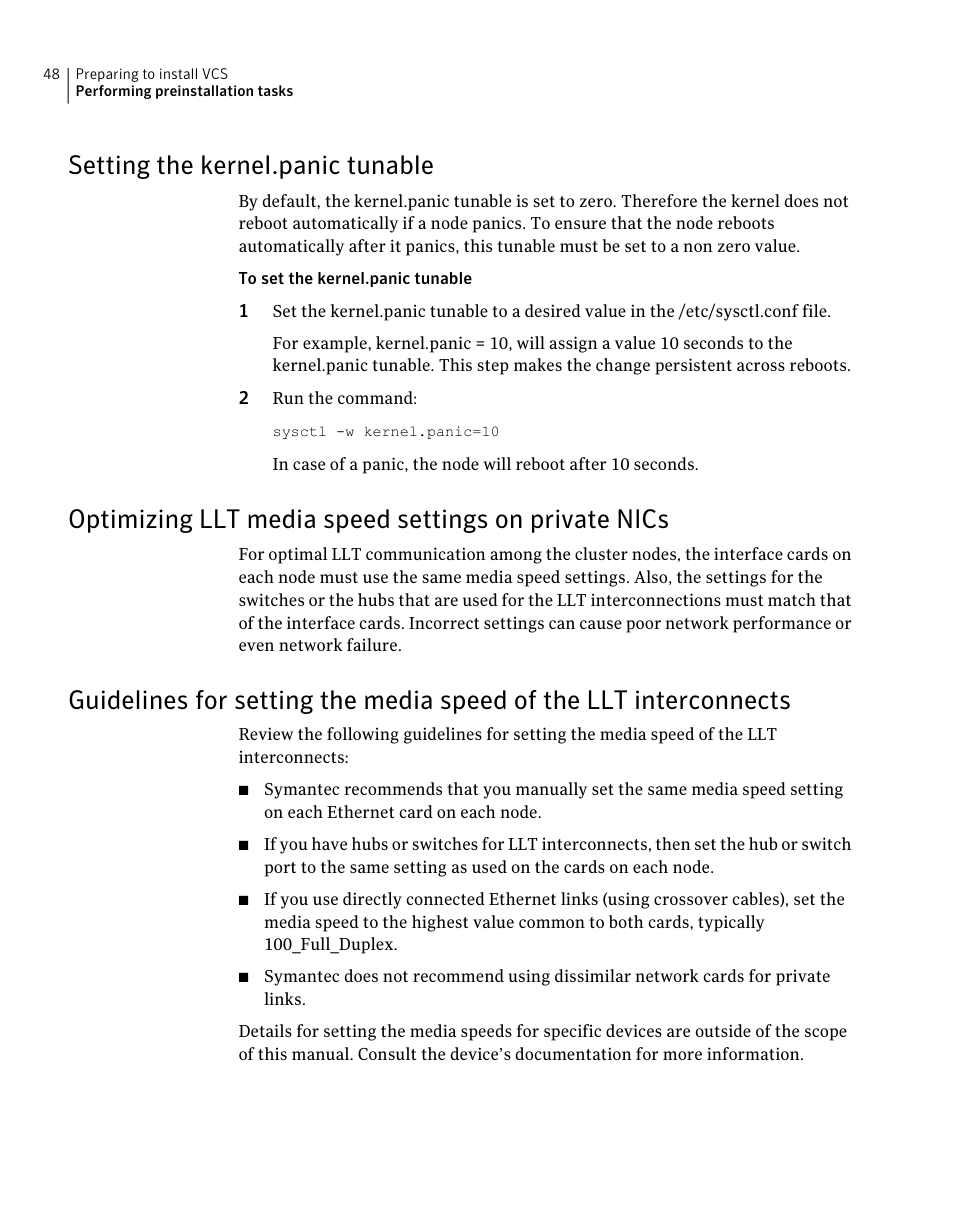 Setting the kernel.panic tunable, Interconnects, Guidelines for setting the media speed of the llt | Symantec Veritas 5 User Manual | Page 48 / 176